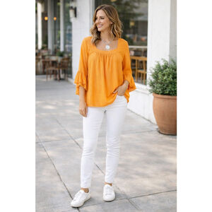 Women's Umgee Orange Ruffle Sleeve Blouse with frayed hem XL